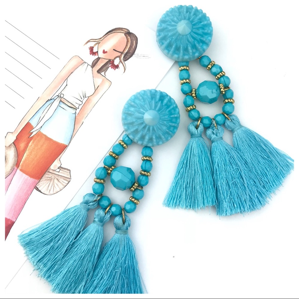 "Ava" Drop Fringe Earrings - BLUE